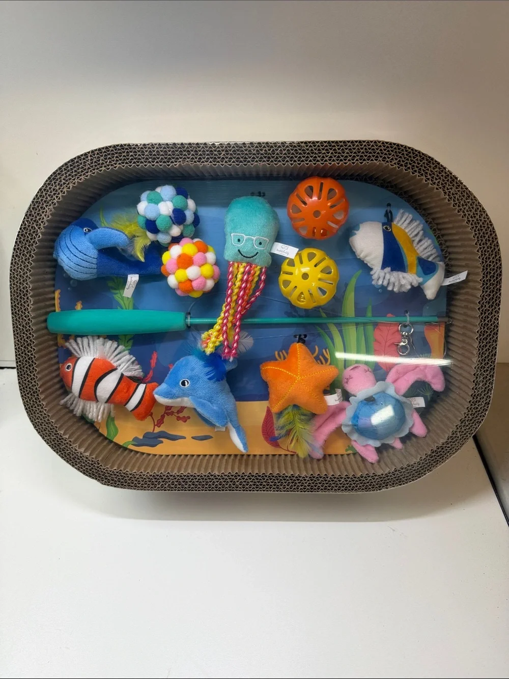 Cat Fishing Toy Set with Colorful Plush Sea Creatures